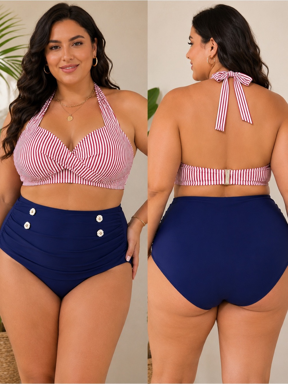 Striped Red Halter Swim Top with Navy High-Waist Bottoms - Men Swim Bikinis
